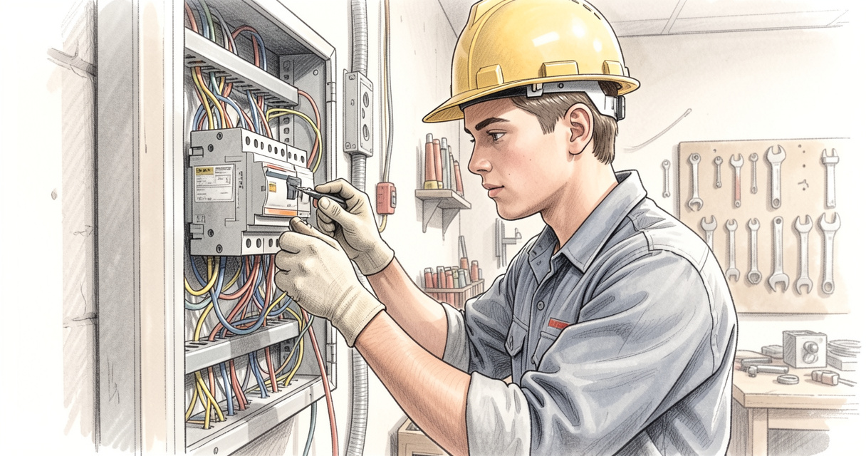 Apprenti électricien en train de travailler sur un tableau électrique lors d'une formation CAP