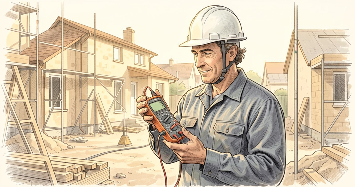 Électricien avec multimètre sur un chantier résidentiel, métier électricien rémunération