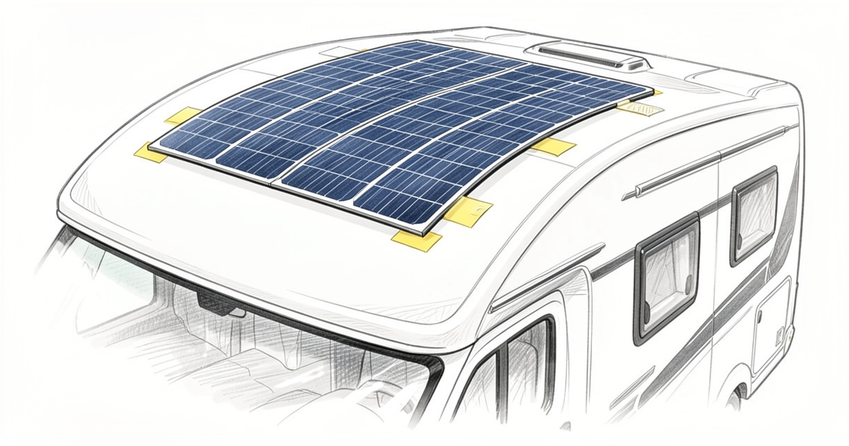 Panneau solaire souple installé sur le toit courbe d'un camping-car avec fixation adhésive