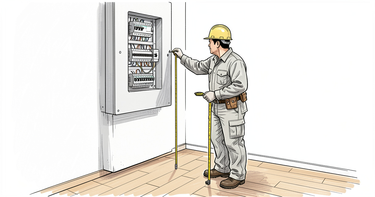 Hauteur tableau électrique mesurée par un électricien avec un mètre ruban