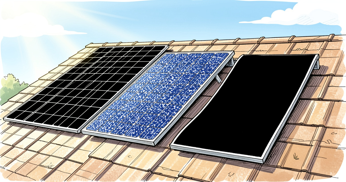 Comparaison des trois types de panneaux solaires : monocristallin, polycristallin et couche mince sur un toit.