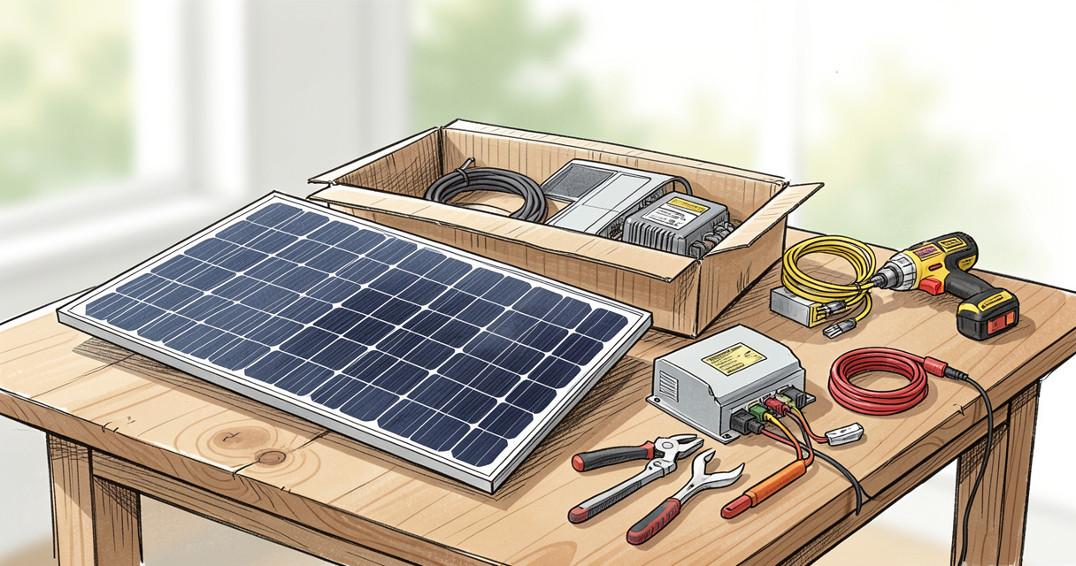 Kit de panneaux solaires pour installation DIY avec onduleur et outils sur une table en bois.