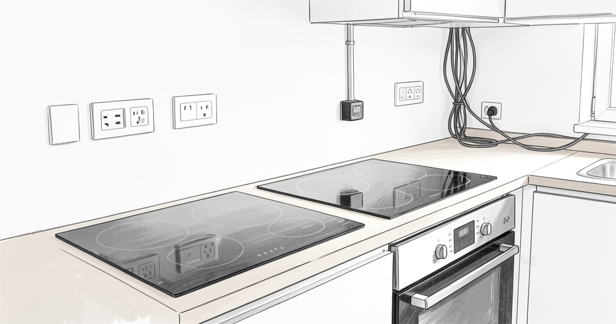 Cuisine équipée avec prises électriques et circuit 32A pour plaque induction