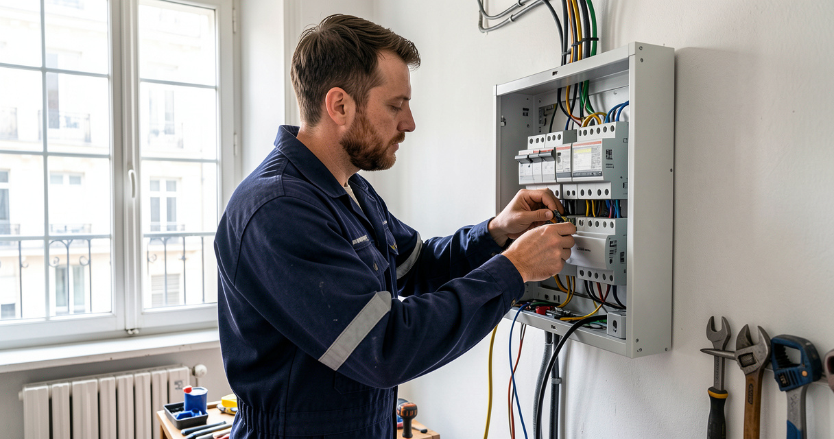 Électricien professionnel installant un tableau électrique dans un appartement parisien moderne