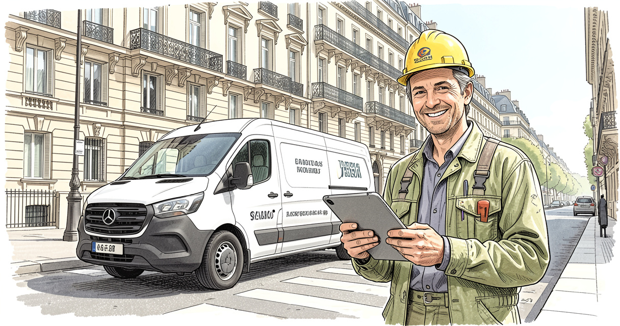 Camionnette d'un artisan électricien stationnée rue de Paris, bâtiment haussmannien en arrière-plan