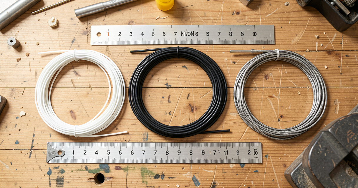 Différents types d'aiguilles pour électricien : fibre de verre, nylon et acier, avec mètre ruban pour échelle de longueu
