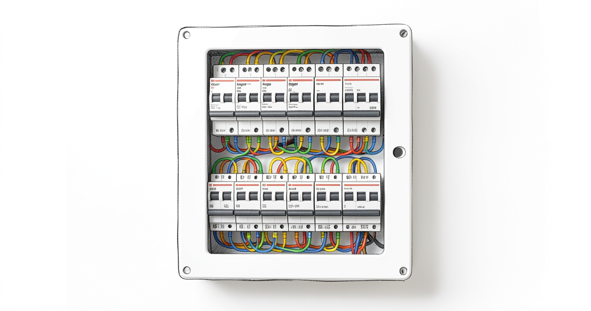 Tableau électrique Hager gamma+ 4 rangées installé dans une maison moderne, câblage propre et ordonné