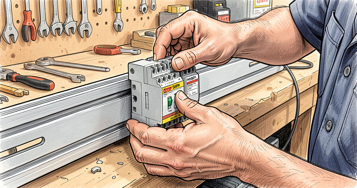 Installation d un module Hager sur rail gamma+ avec le système Quickfix, mains d un électricien