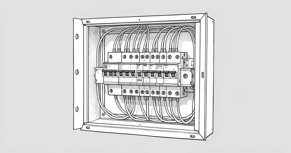 Goulotte GTL blanche fixée au mur avec tableau électrique 13 modules et câbles organisés