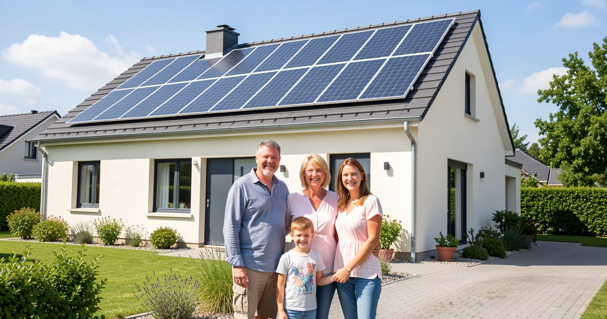 Famille française devant sa maison équipée de panneaux photovoltaïques après Grenelle de l'environnement
