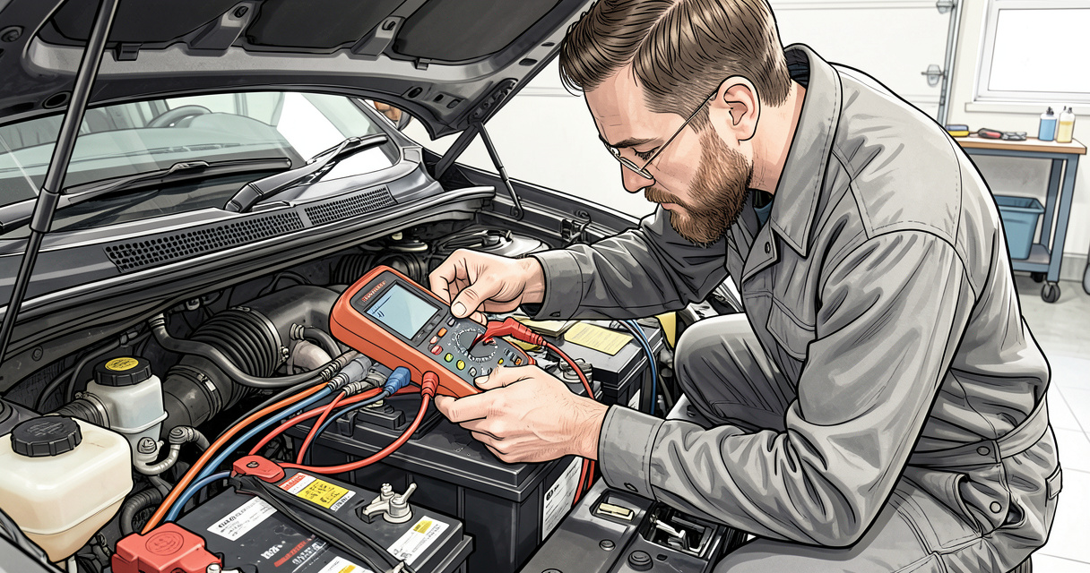 Électricien auto mesurant la tension de la batterie avec un multimètre, capot ouvert