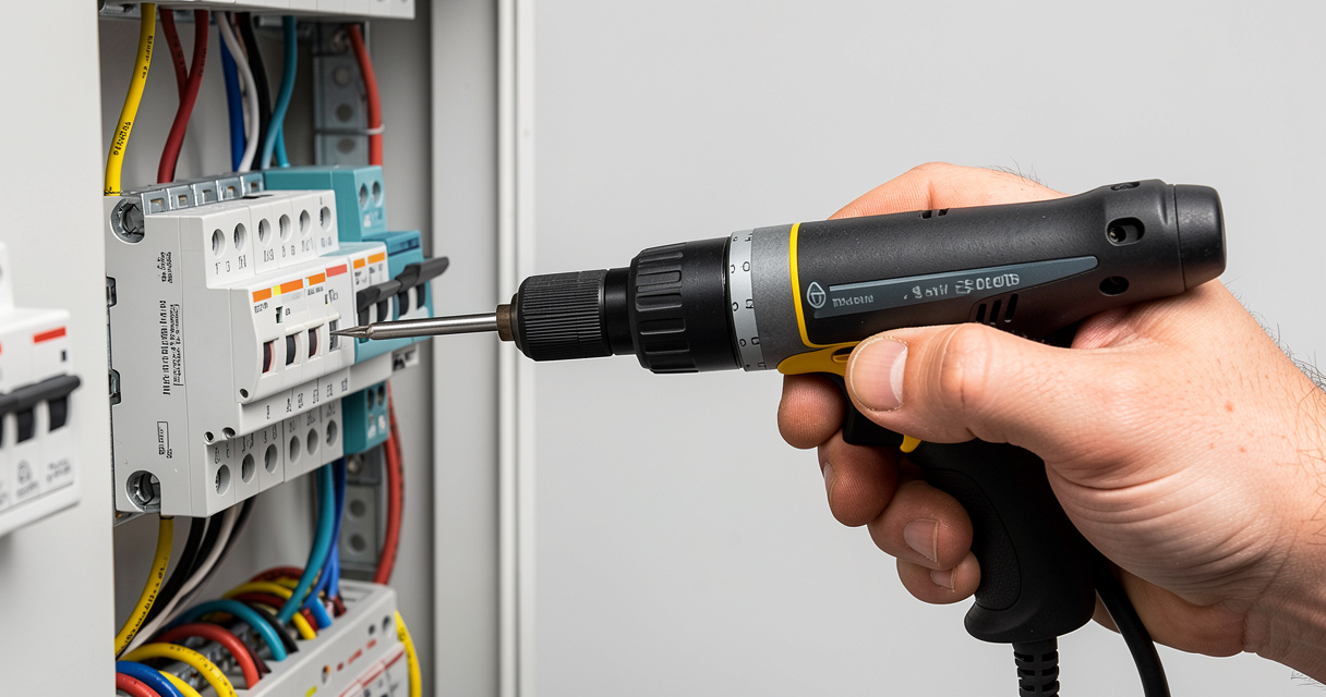 Électricien utilisant un tournevis dynamométrique pour serrer un bornier sur un rail DIN dans un tableau électrique