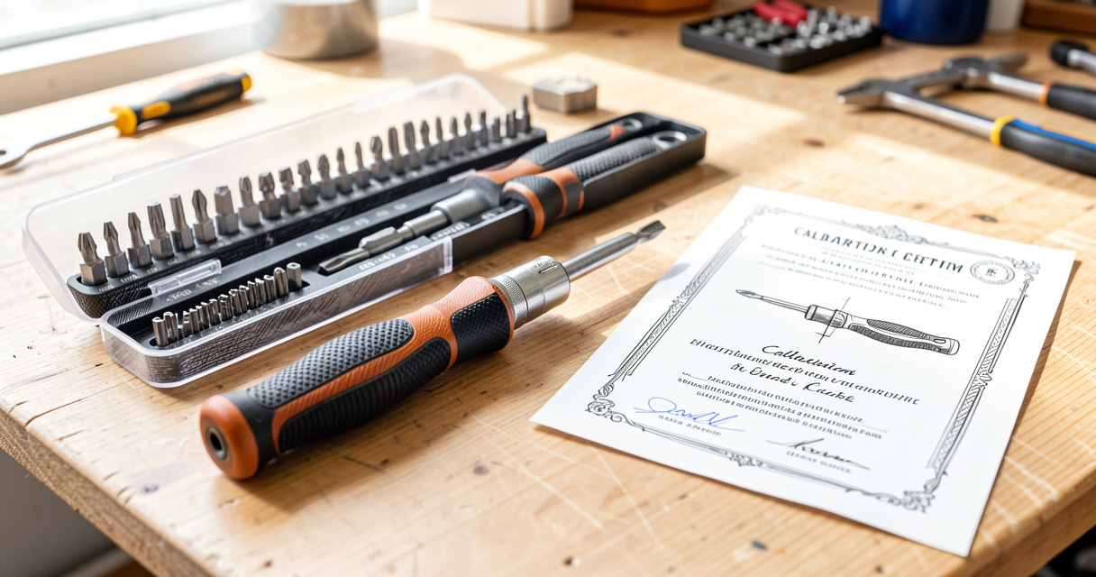 Kit tournevis dynamométrique avec embouts interchangeables et certificat d'étalonnage posé sur un plan de travail