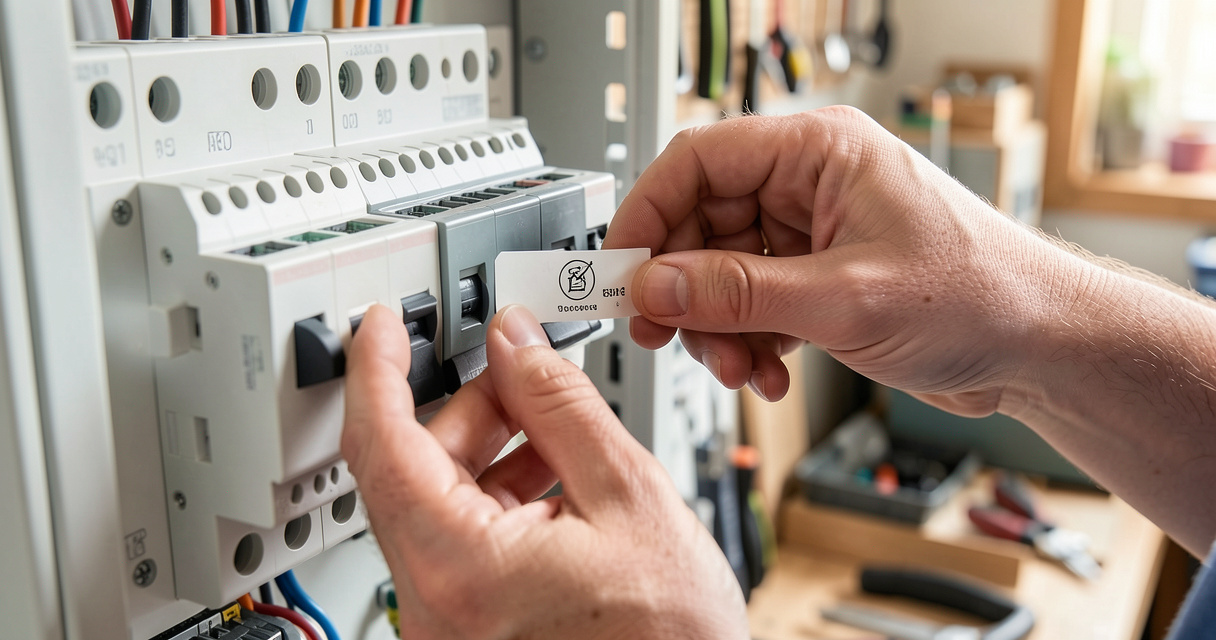 Main posant une étiquette autocollante sur un module de tableau électrique