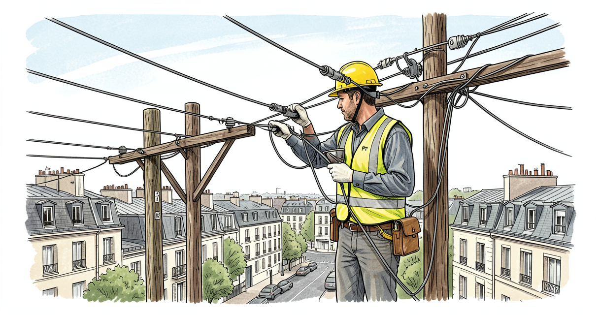Technicien en réseaux électriques installant des câbles aériens sur un poteau bois à Paris