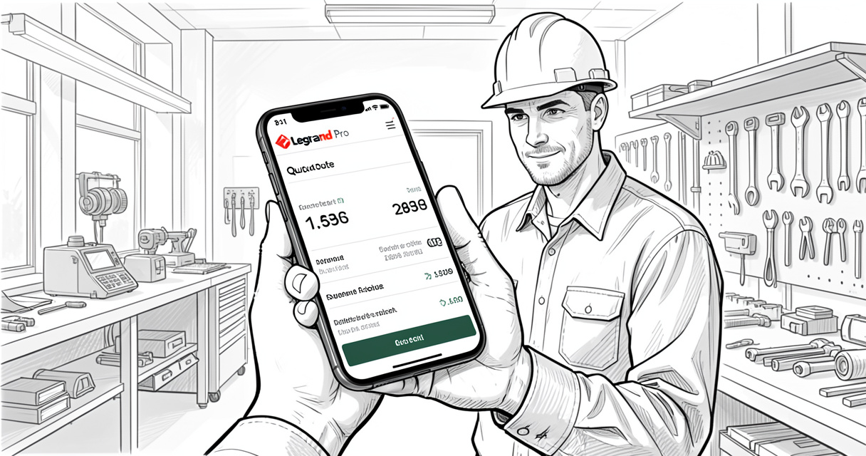 Électricien utilisant l'appli Legrand Pro pour créer un devis sur son smartphone