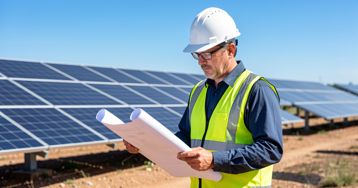 Chargé d'études photovoltaïque analysant des plans techniques sur un chantier solaire