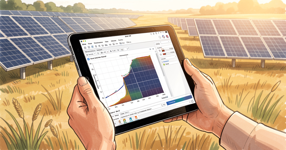 Tablette avec logiciel de dimensionnement photovoltaïque sur site d'installation solaire