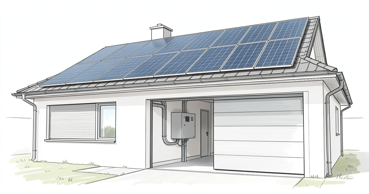 Installation solaire avec batterie de stockage sur mur de garage, maison moderne
