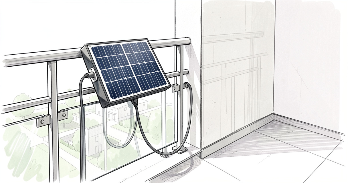 Kit panneau solaire plug and play installé sur un balcon avec câble branché sur prise extérieure