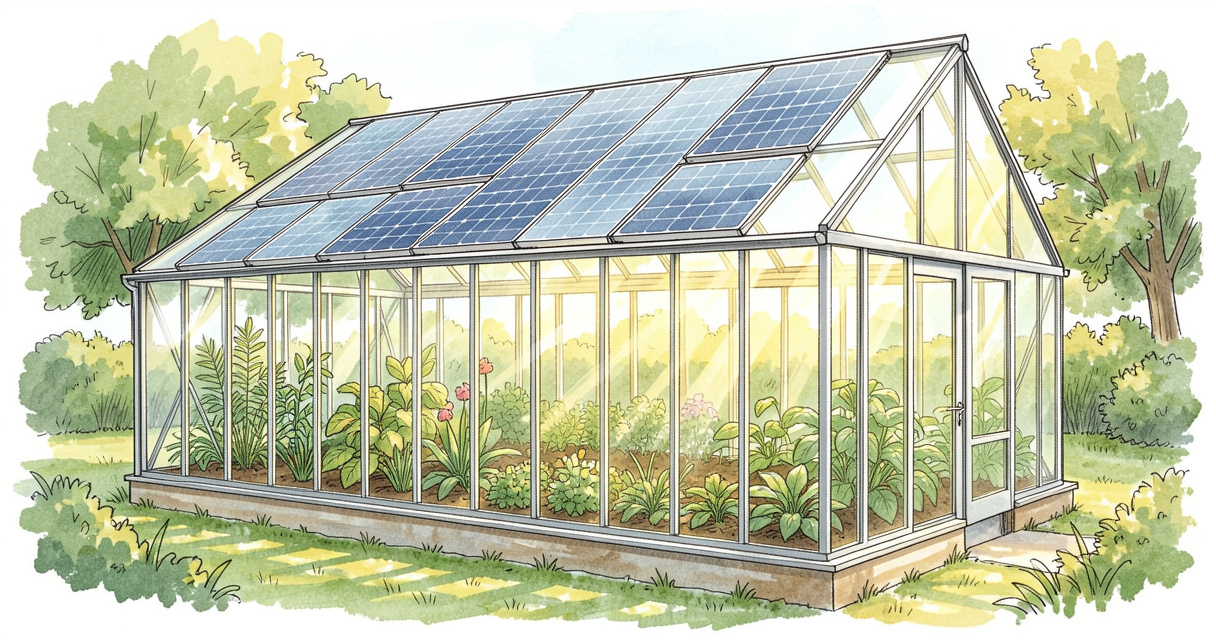 Serre agricole équipée de panneaux solaires semi-transparents en toiture avec plantes à l'intérieur