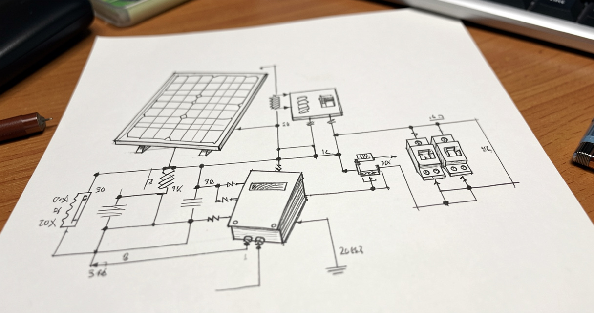 Schéma unifilaire photovoltaïque dessiné à la main avec symboles techniques pour conformité RGIE