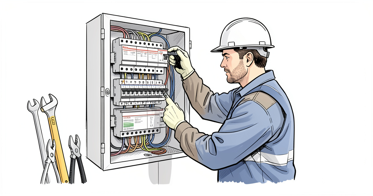 Installation d'un tableau électrique par un électricien professionnel, outillage visible