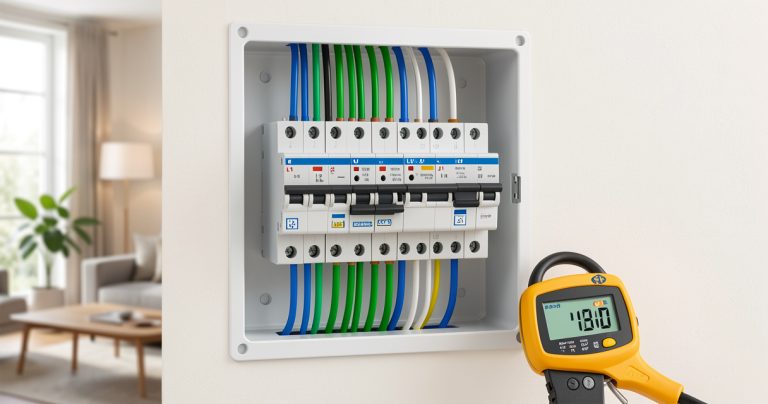 Tableau électrique triphasé ouvert avec disjoncteurs et pince ampèremétrique de mesure