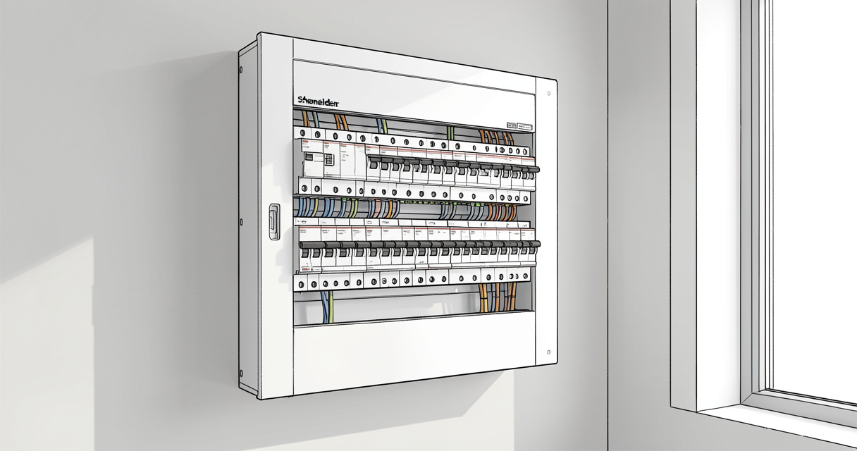 Tableau électrique Schneider 3 rangées Resi9 installé sur goulotte GTL