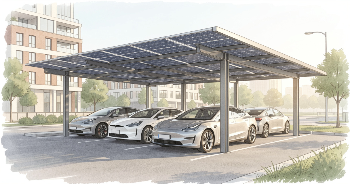 Abri solaire photovoltaïque sur parking avec voitures électriques en charge