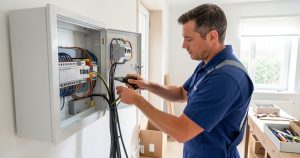 Préparation d'un tirage de câble dans une gaine électrique près d'un tableau électrique