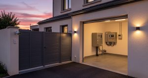 Portail motorisé connecté avec caméra et éclairage extérieur dans une maison domotique