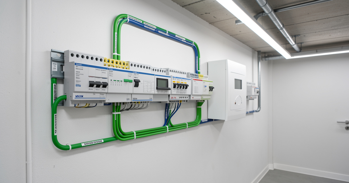 Tableau électrique résidentiel équipé de modules domotiques KNX sur rail DIN et câblage bus