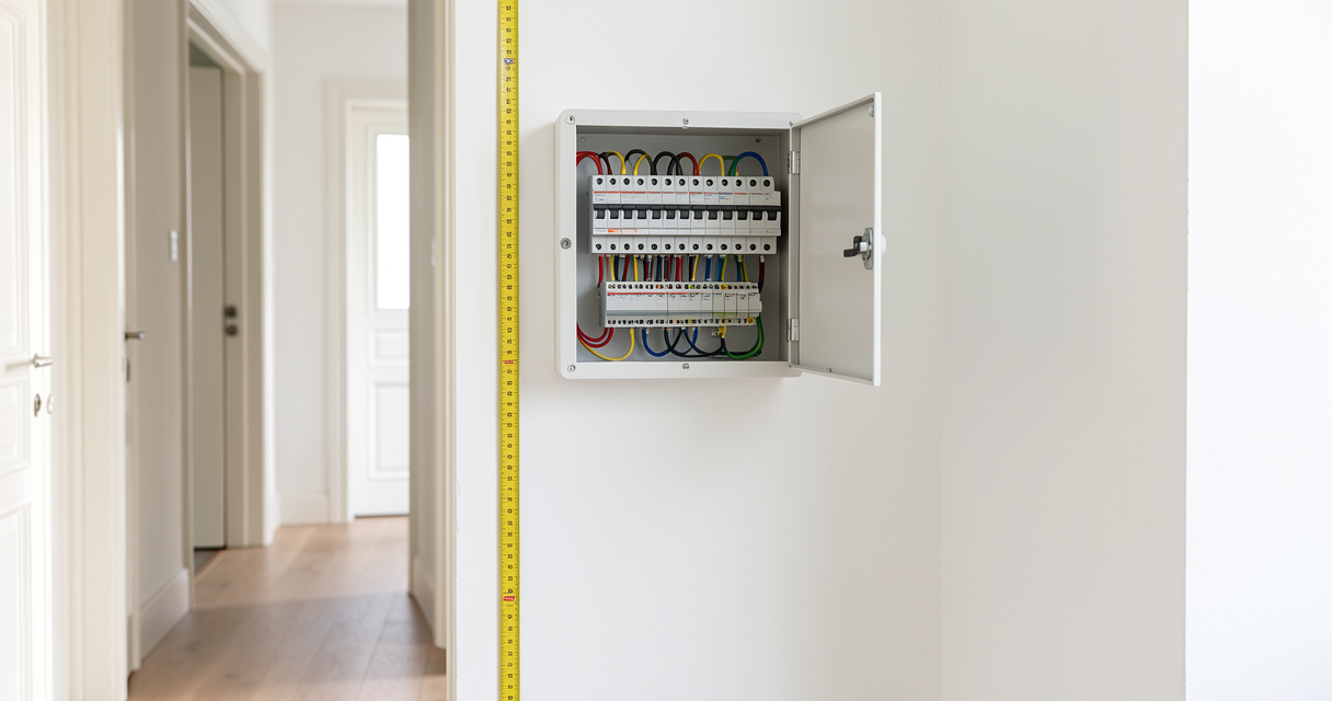 Tableau électrique installé à hauteur conforme dans un couloir de logement