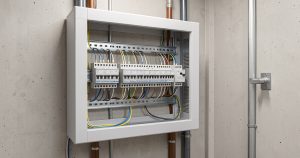 Tableau électrique moderne avec modules domotiques KNX et câblage structuré