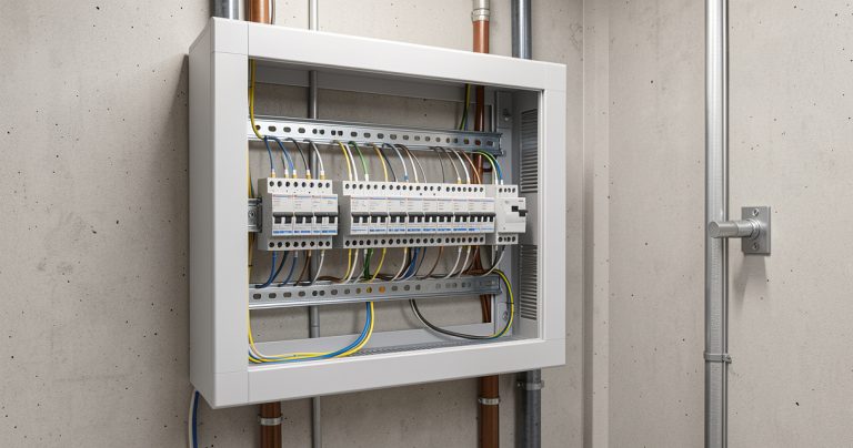 Tableau électrique moderne avec modules domotiques KNX et câblage structuré