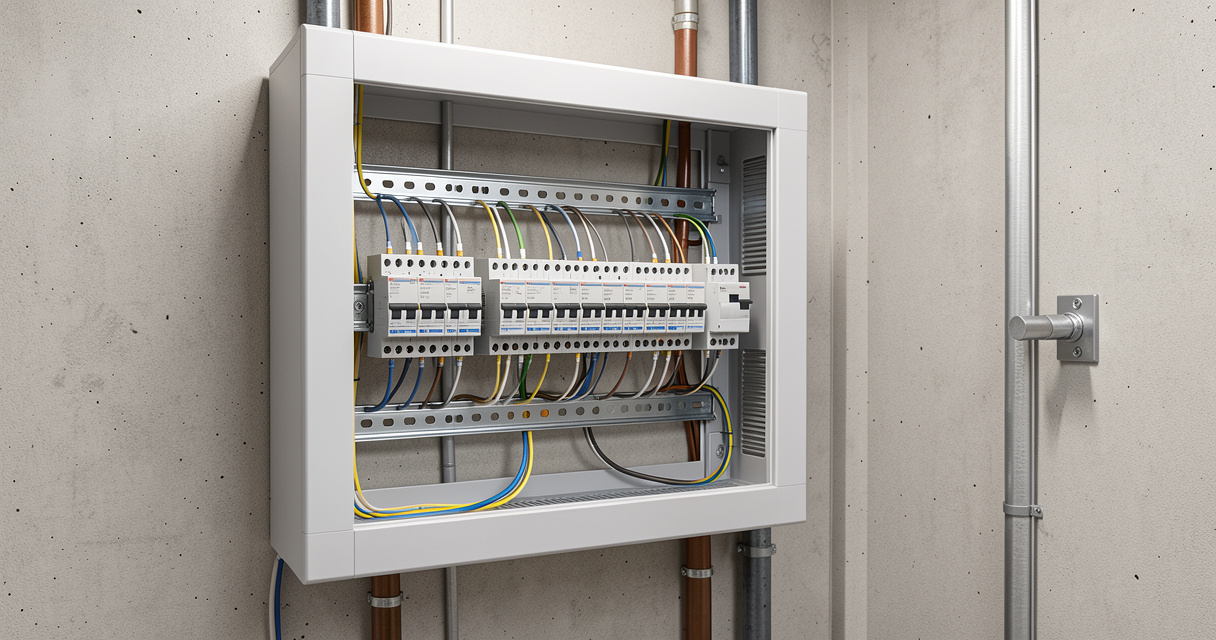 Tableau électrique moderne avec modules domotiques KNX et câblage structuré