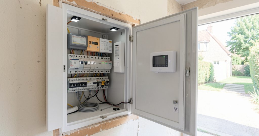 Tableau électrique moderne équipé de modules pour une installation domotique résidentielle