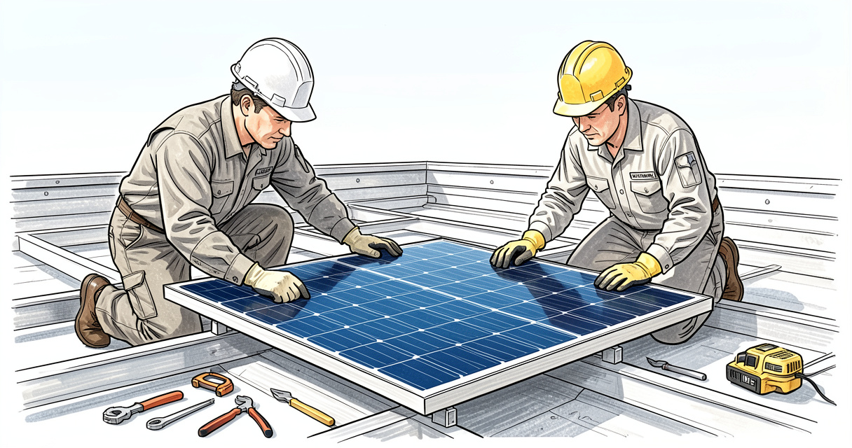 Stagiaires posant un panneau solaire lors d'une formation photovoltaïque en toiture