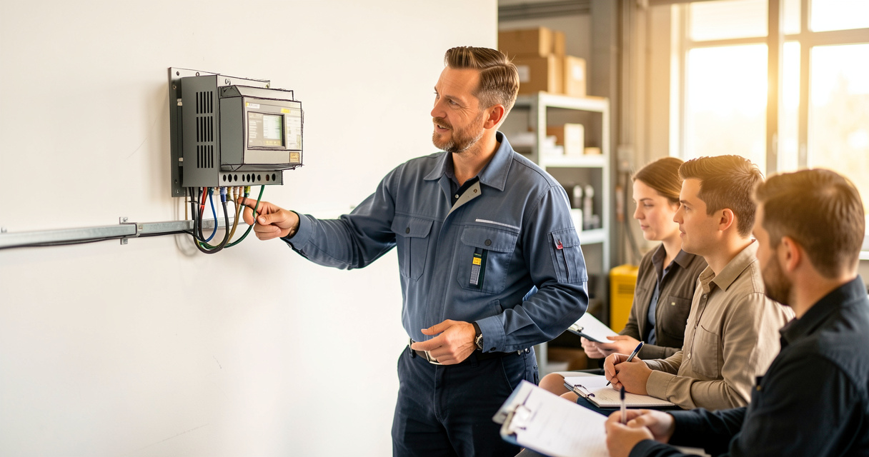 Formateur expliquant le raccordement d'un onduleur en formation photovoltaïque