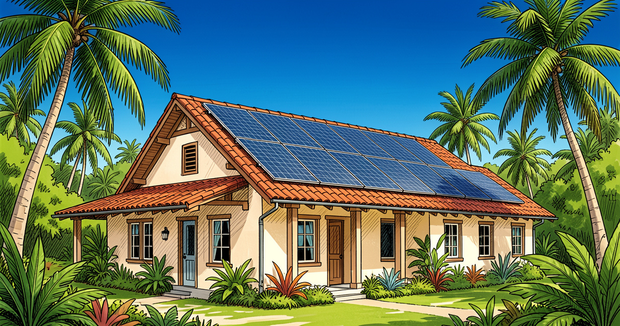 Panneaux photovoltaïques sur un toit créole en Martinique au soleil