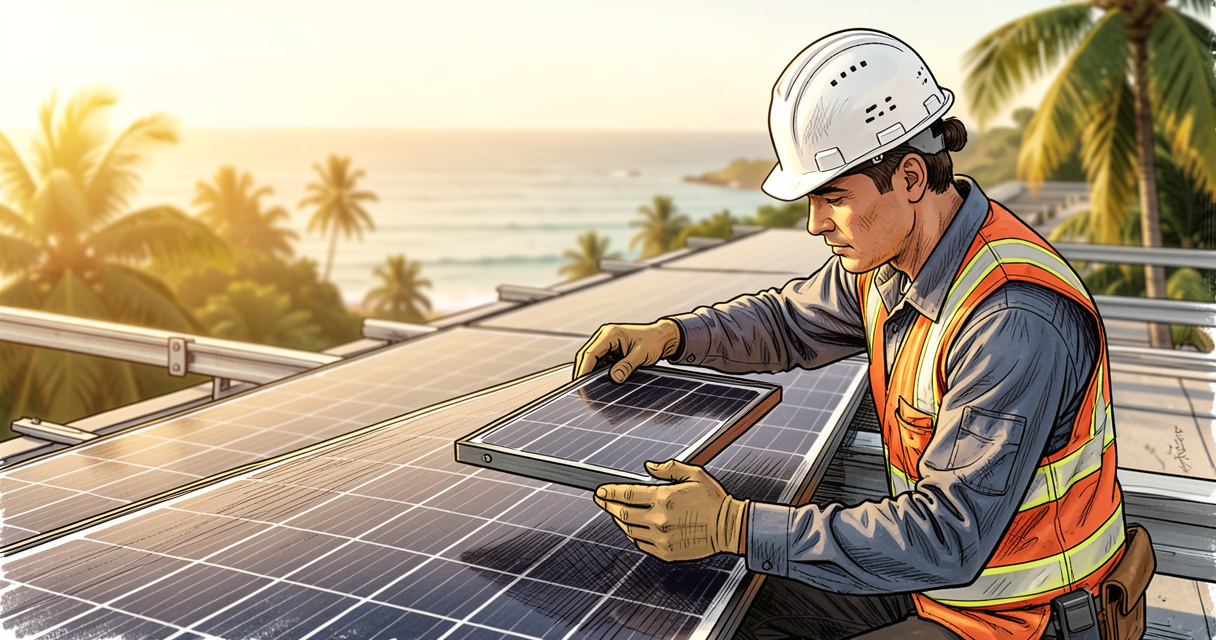 Installateur posant des panneaux solaires photovoltaïques en Martinique